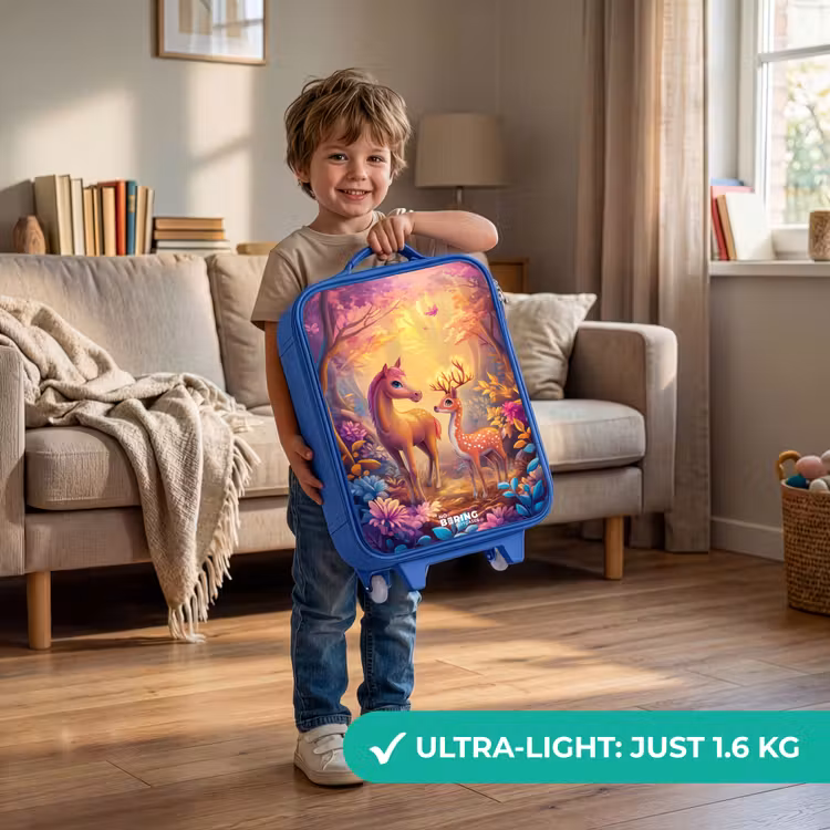 Children's suitcase - Blue - Horse and deer in a pink fairy tale forest — 3