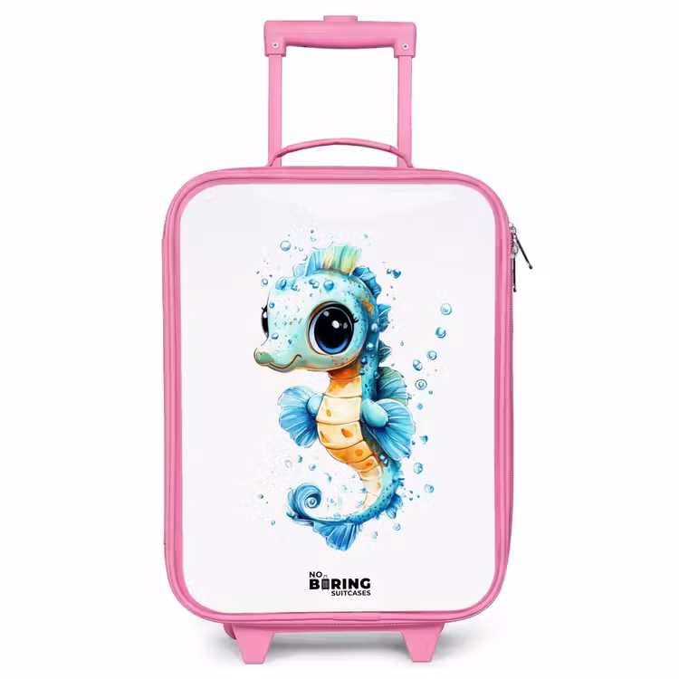 Children's suitcase - Pink - Blue seahorse with big eyes and bubbles — 1