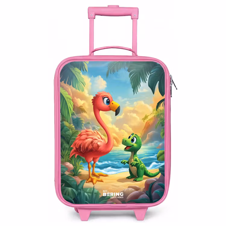Children's suitcase - Pink - Flamingo and dinosaur on beach at sunset — 1