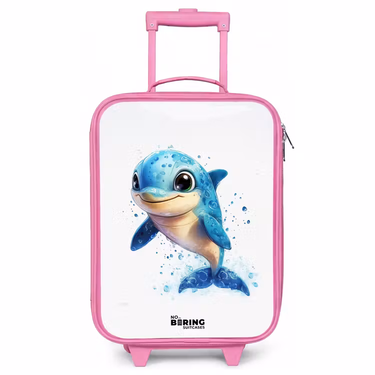 Children's suitcase - Pink - Happy dolphin with water drops on white — 1