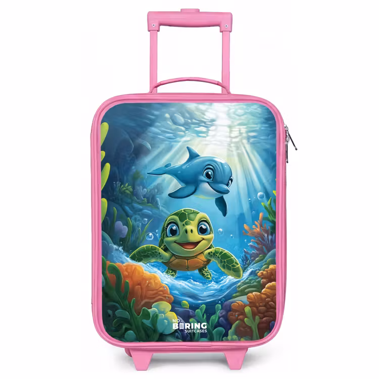 Children's suitcase - Pink - Turtle and dolphin in blue ocean — 1