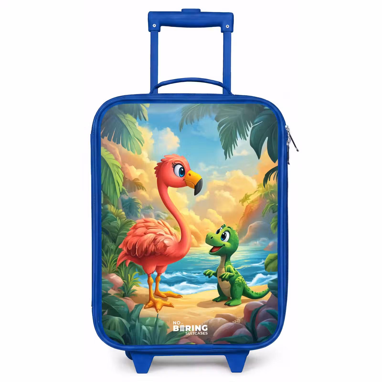 Children's suitcase - Blue - Flamingo and dinosaur on beach at sunset — 1
