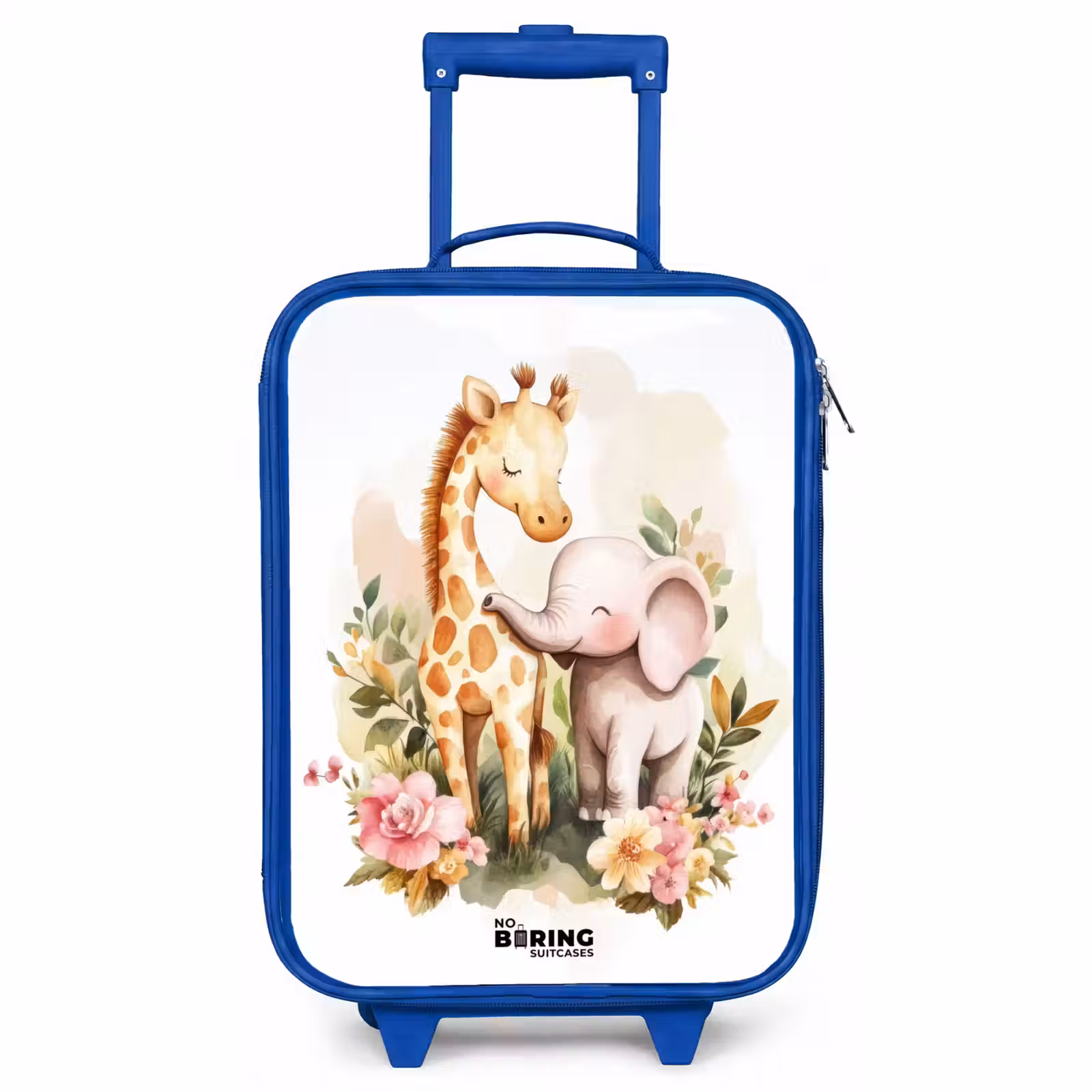 Children's suitcase - Blue - Giraffe and elephant among flowers on white background — 1