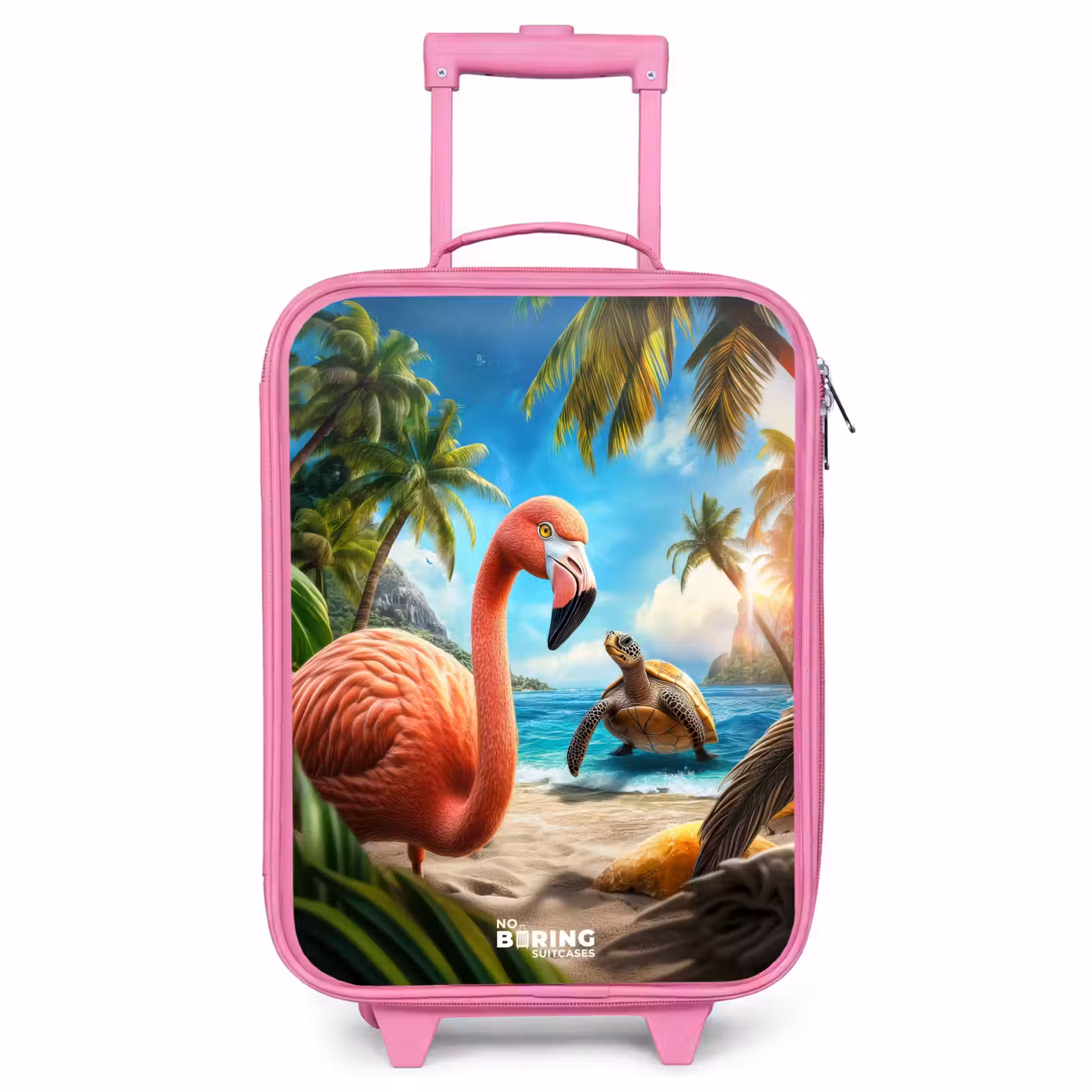 Children's suitcase - Pink - Flamingo and turtle on tropical beach — 1
