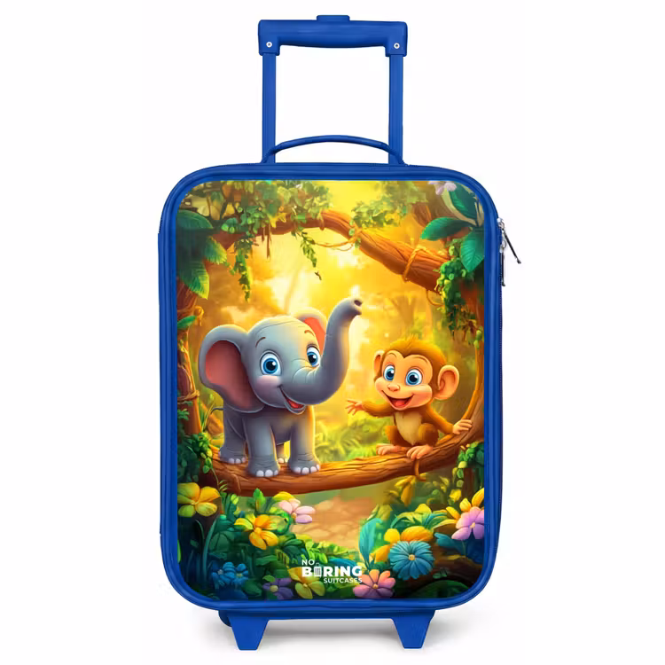 Children's suitcase - Blue - Elephant and monkey in colorful jungle — 1