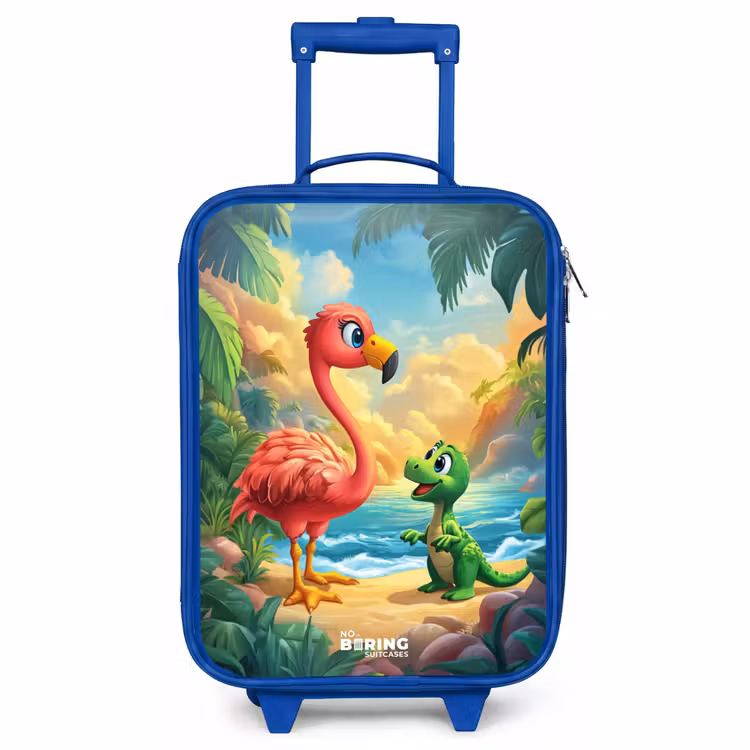 Children's suitcase - Blue - Flamingo and dinosaur on beach at sunset — 1