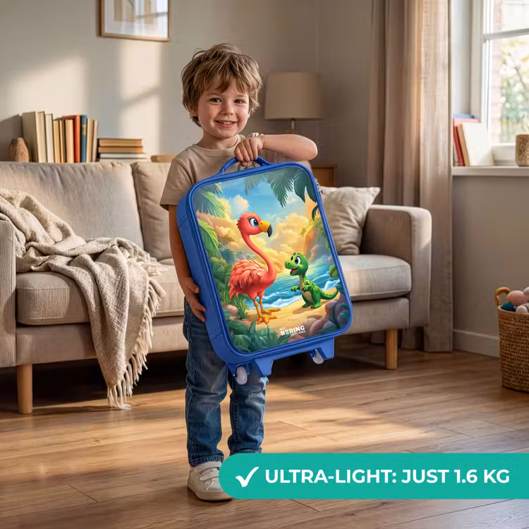 Children's suitcase - Blue - Flamingo and dinosaur on beach at sunset — 3