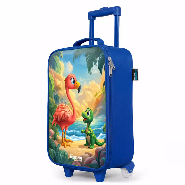 Children's suitcase - Blue - Flamingo and dinosaur on beach at sunset — 5