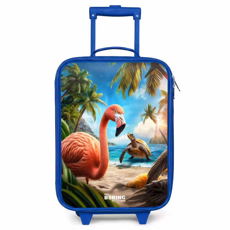 Children's suitcase - Blue - Flamingo and turtle on tropical beach — 1