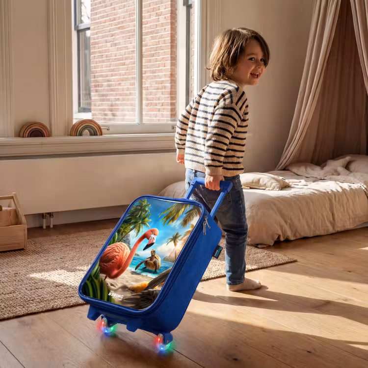 Children's suitcase - Blue - Flamingo and turtle on tropical beach — 2