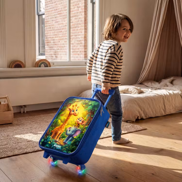 Children's suitcase - Blue - Giraffe, elephant and monkey in the forest — 2