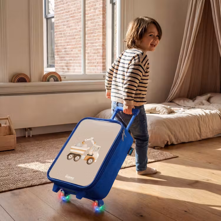 Children's suitcase - Blue - Yellow dump truck in neutral colors — 2