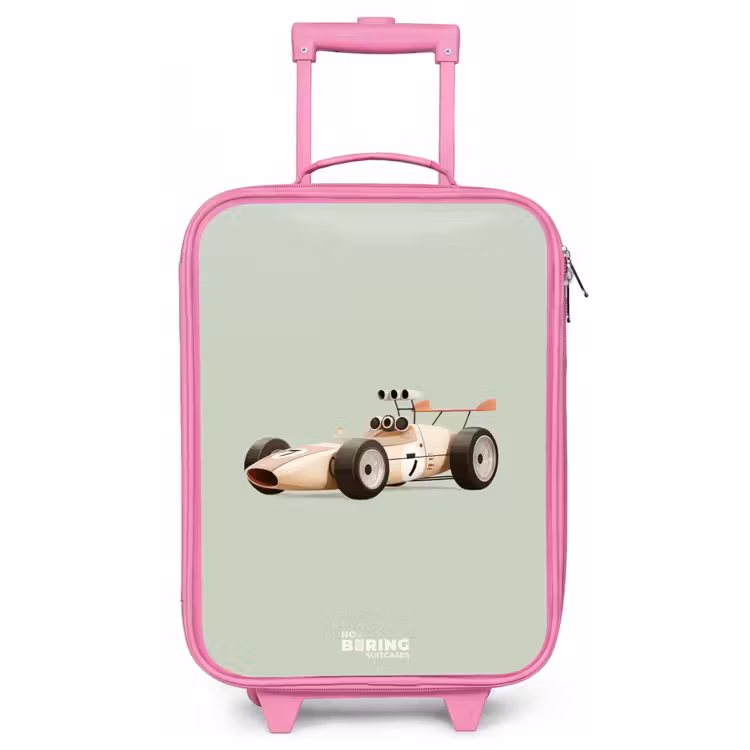 Children's suitcase - Pink - Beige retro race car on green background — 1