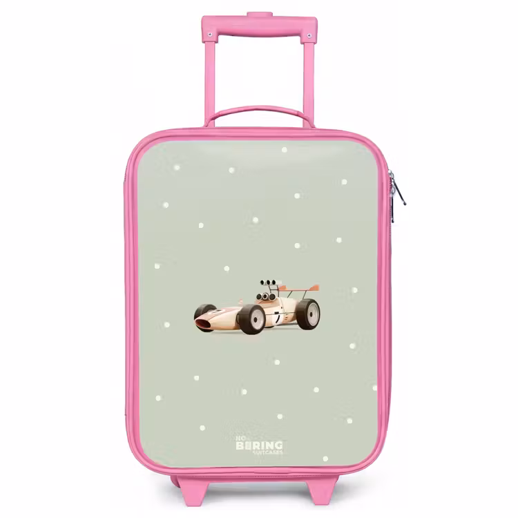 Children's suitcase - Pink - Beige retro race car on green polka dots background — 1