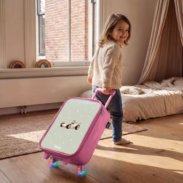 Children's suitcase - Pink - Beige retro race car on green polka dots background — 2