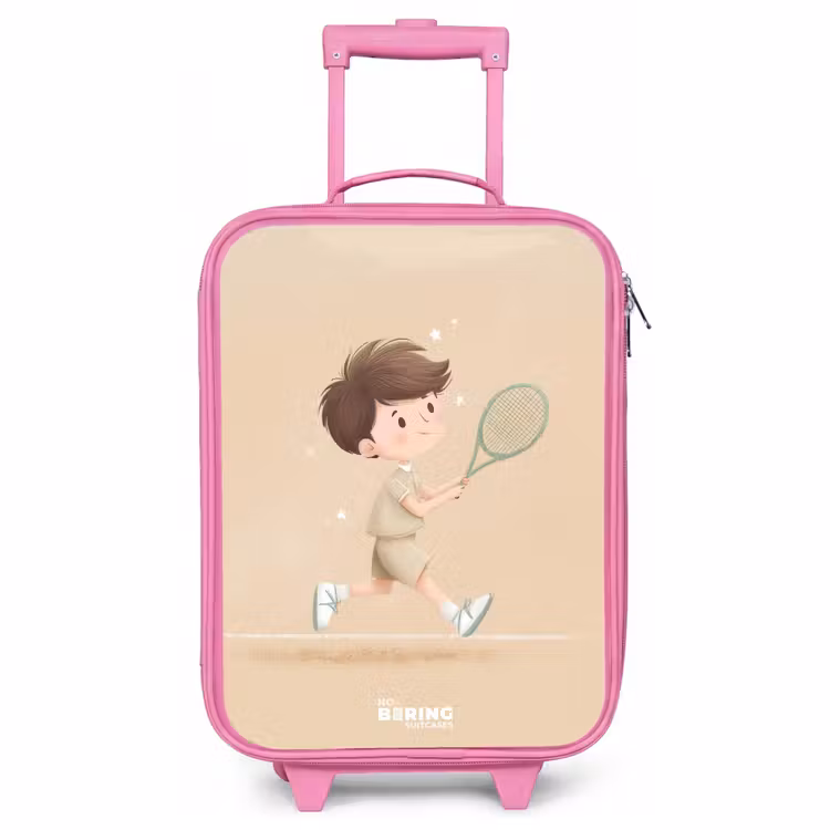 Children's suitcase - Pink - Boy plays tennis on sand-colored background — 1