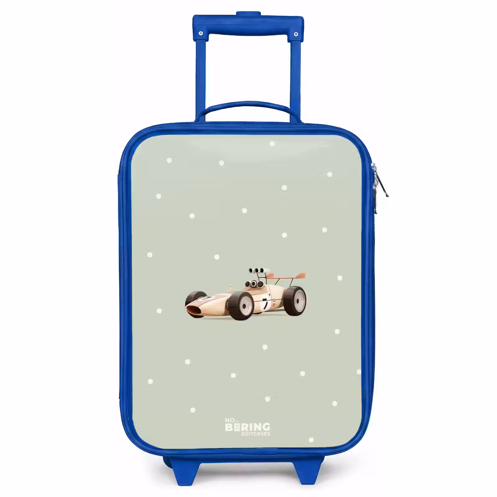 Children's suitcase - Blue - Beige retro race car on green polka dots background — 1