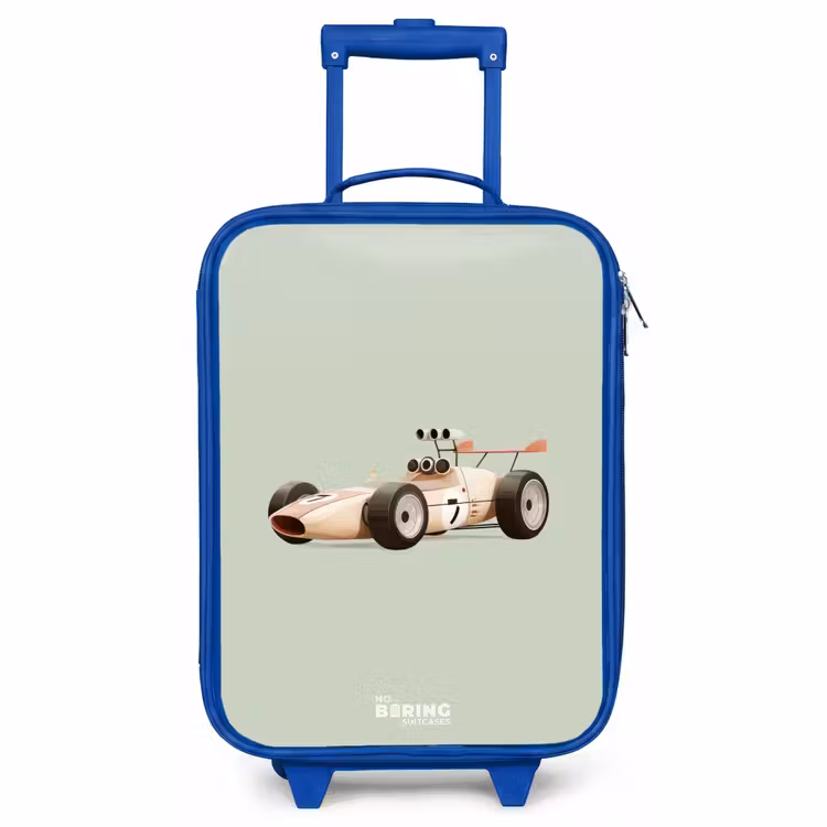 Children's suitcase - Blue - Beige retro race car on green background — 1