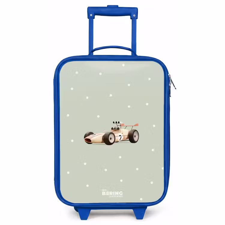 Children's suitcase - Blue - Beige retro race car on green polka dots background — 1