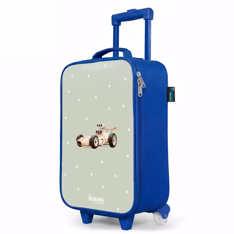 Children's suitcase - Blue - Beige retro race car on green polka dots background — 5