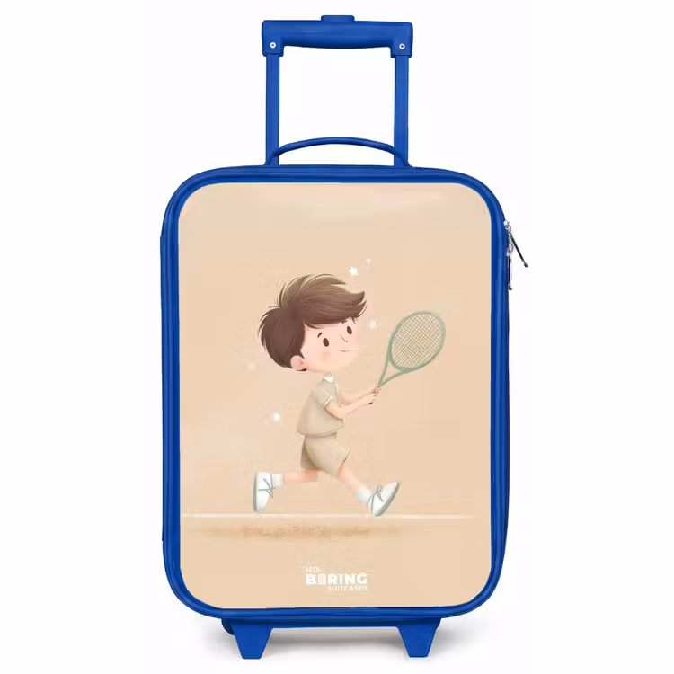 Children's suitcase - Blue - Boy plays tennis on sand-colored background — 1
