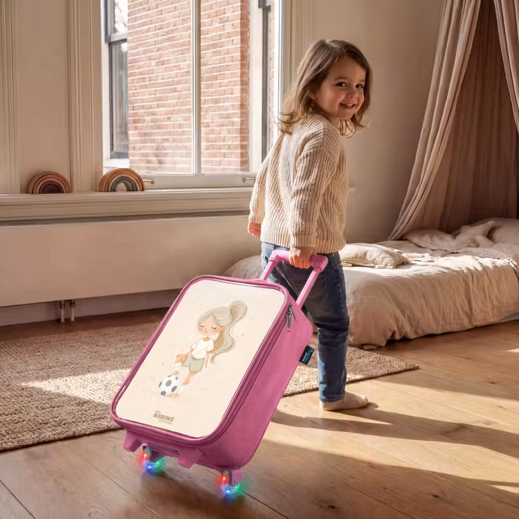 Children's suitcase - Pink - Girl with a soccer ball in beige colors — 2