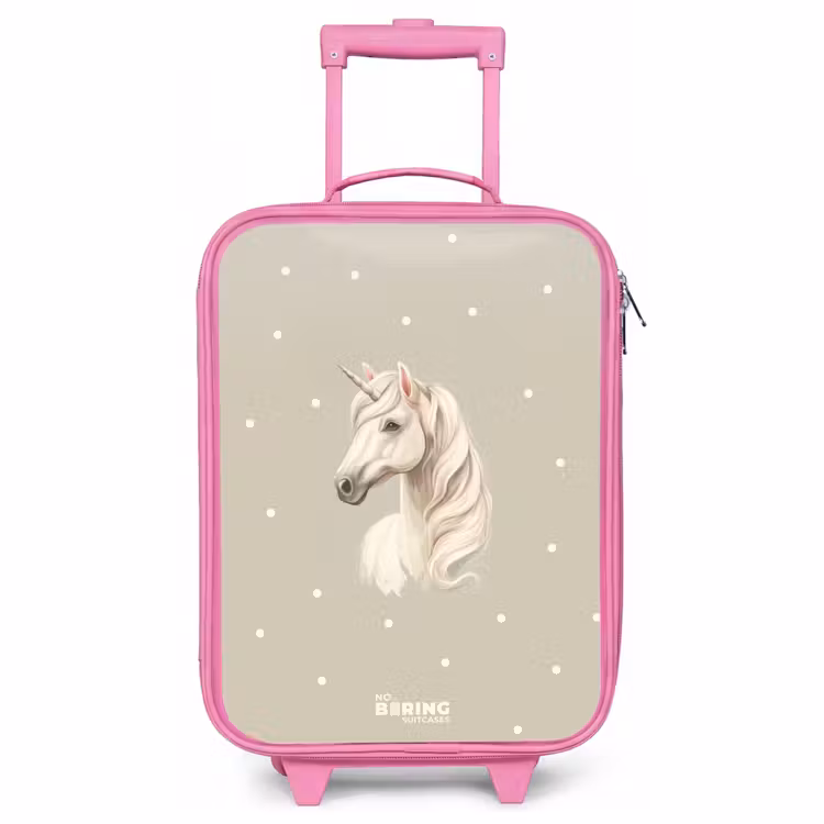 Children's suitcase - Pink - Unicorn surrounded by polka dots in neutral colors — 1