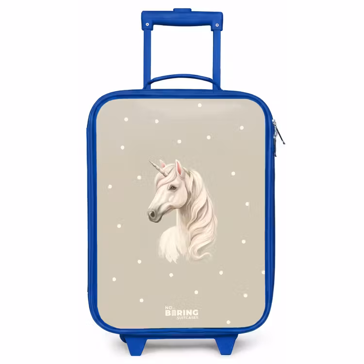 Children's suitcase - Blue - Unicorn surrounded by polka dots in neutral colors — 1