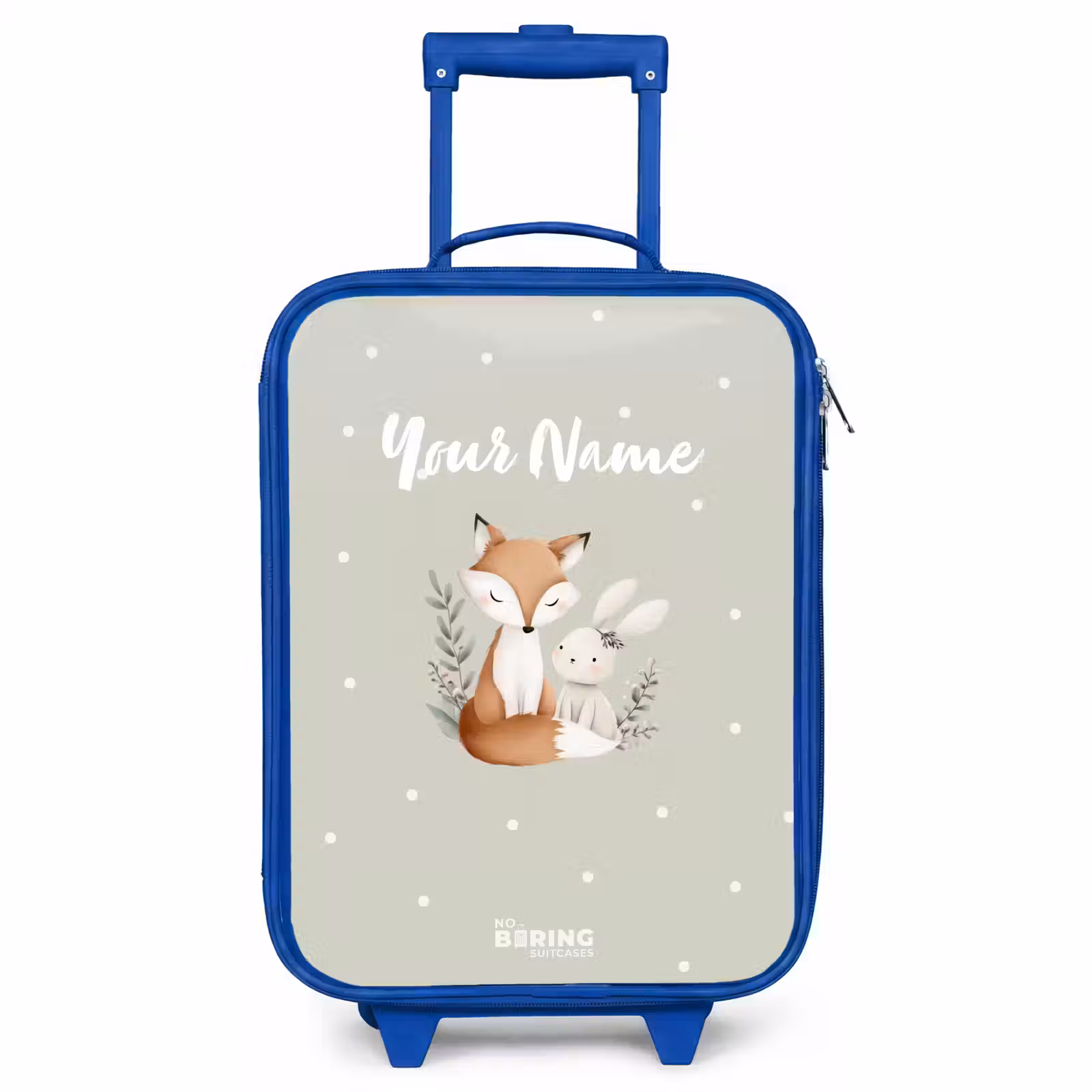 Children's suitcase - Blue - Fox and rabbit surrounded by green leaves and dots — 1