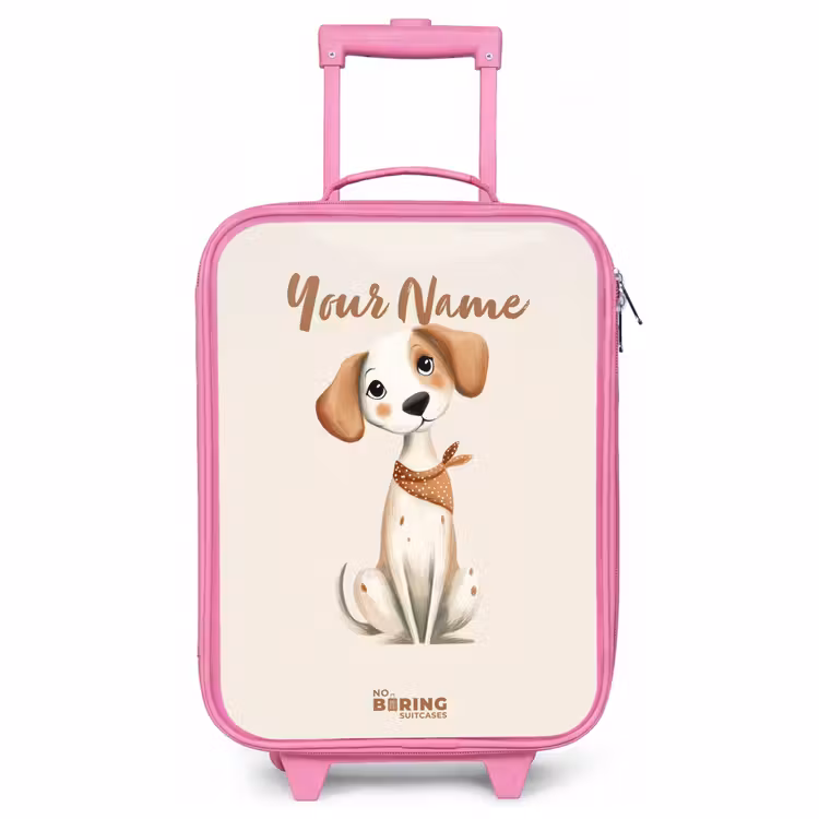 Children's suitcase - Pink - Brown spotted puppy on a beige background — 1