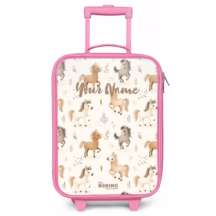 Children's suitcase - Pink - Pattern of foals in beige and brown colors — 1