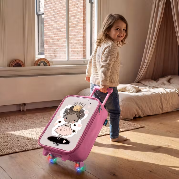 Children's suitcase - Pink - Princess on colored background with pink and black hearts — 2