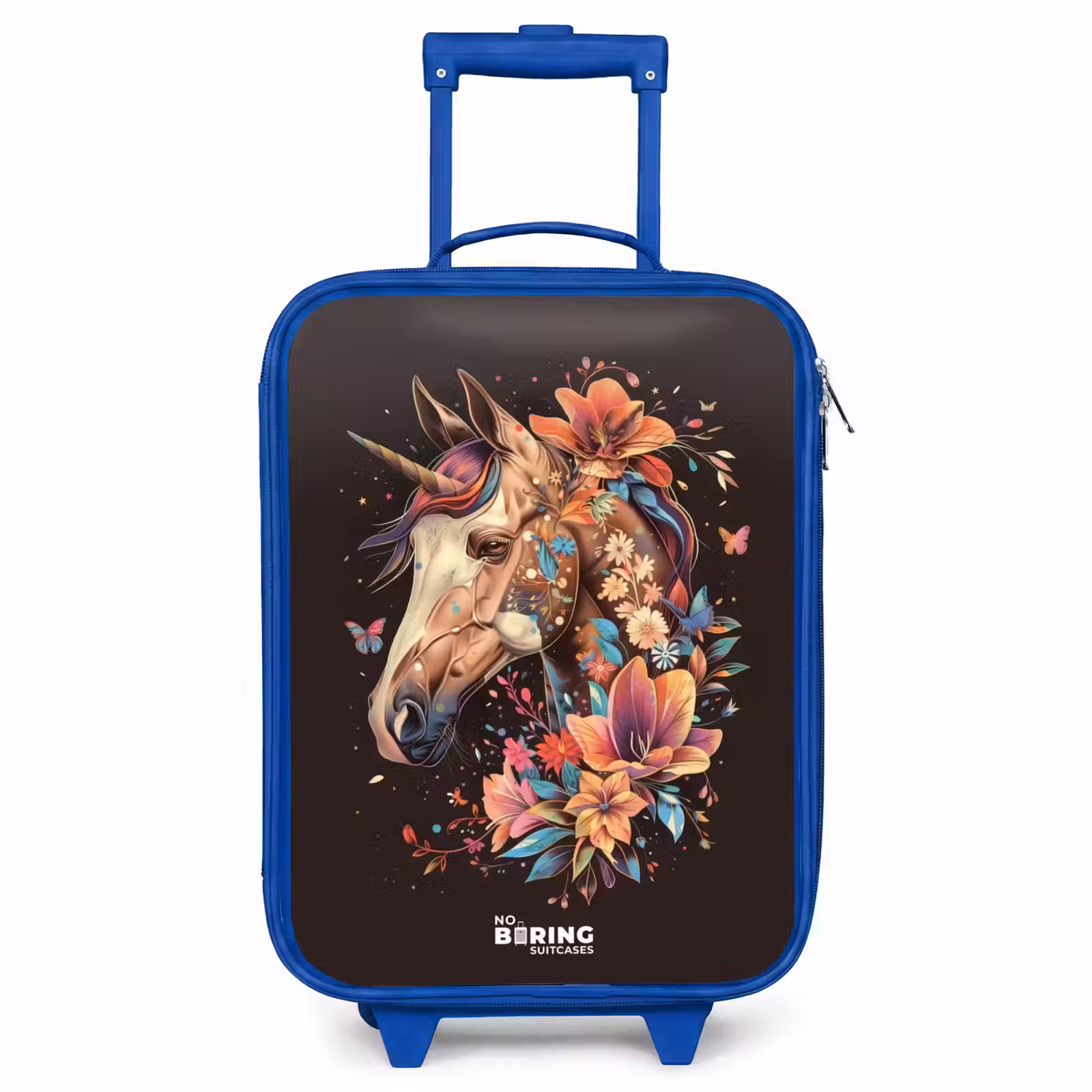 Children's suitcase - Blue - Unicorn and Flowers on Black Background — 1