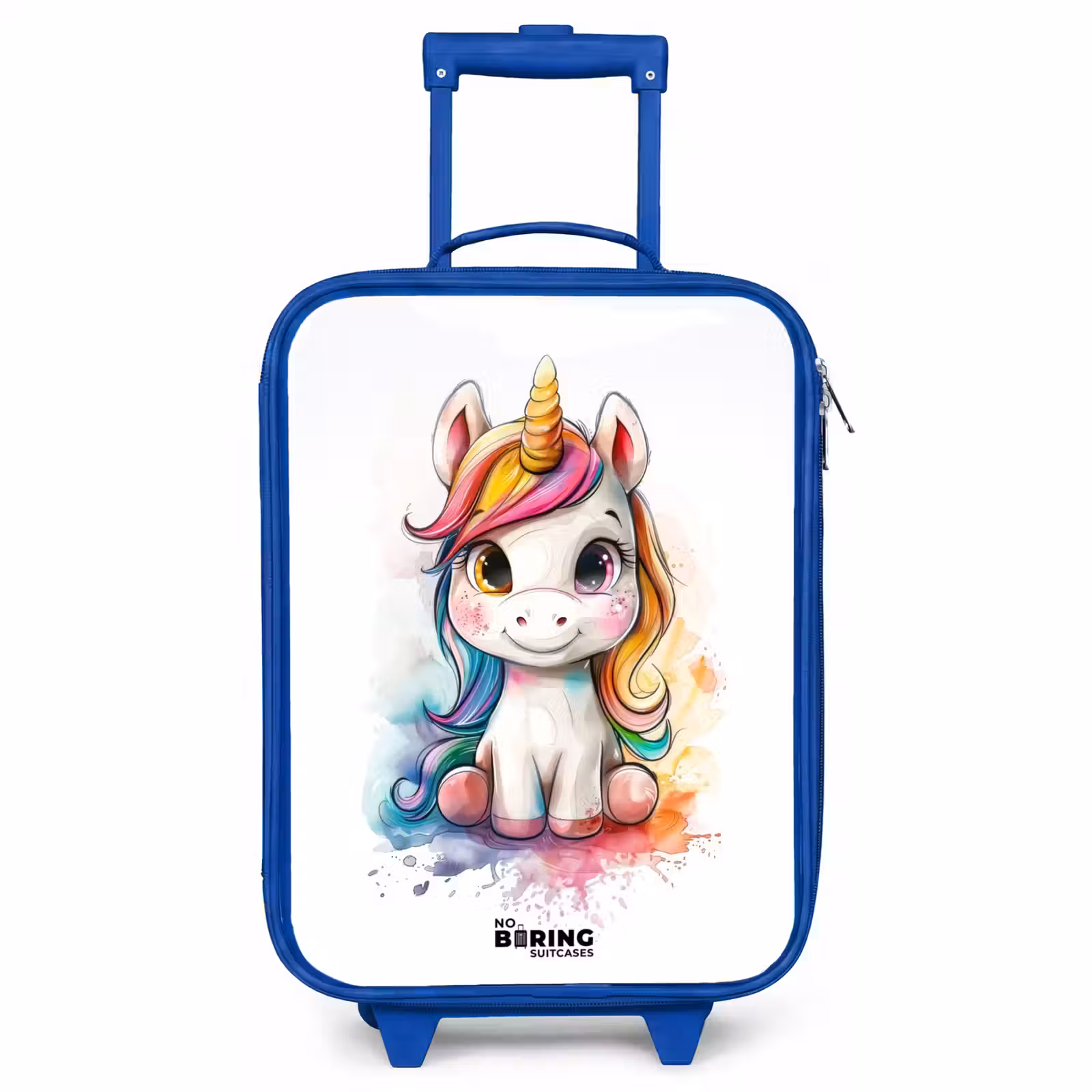 Children's suitcase - Blue - White Eemhorn with Colorful Mane and Paint Splashes — 1