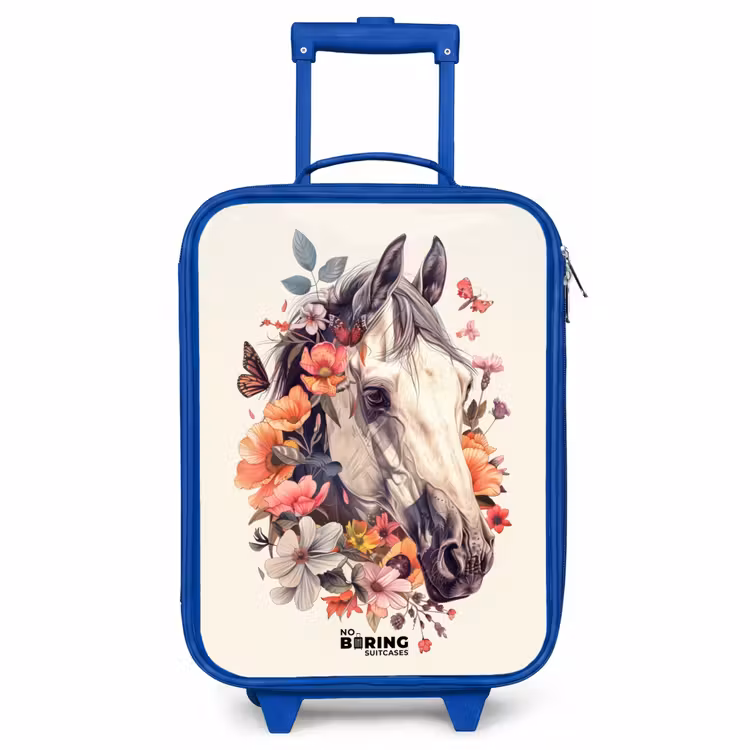 Children's suitcase - Blue - White horse head surrounded by flowers and butterflies — 1