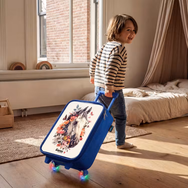 Children's suitcase - Blue - White horse head surrounded by flowers and butterflies — 2