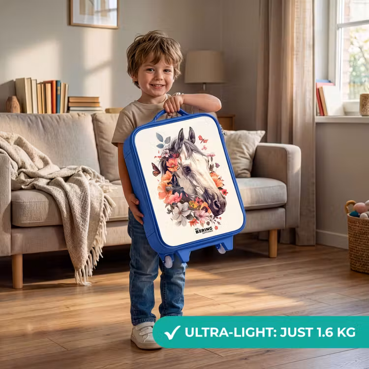 Children's suitcase - Blue - White horse head surrounded by flowers and butterflies — 3