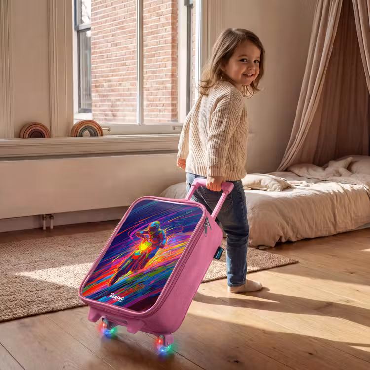 Children's suitcase - Pink - Cross bike - Neon colors - Lines - Helmet — 2