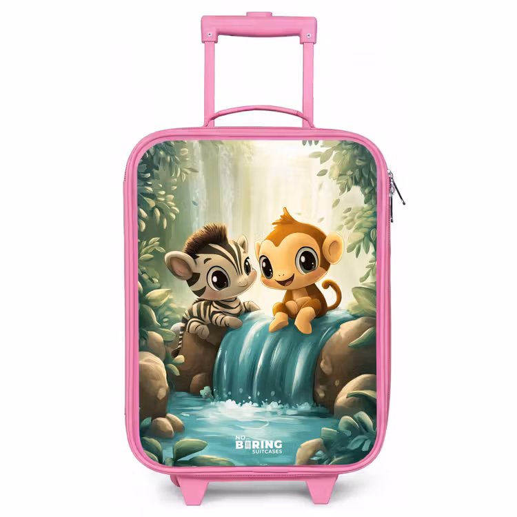 Children's suitcase - Pink - Zebra - Monkey - Waterfall - Rocks — 1
