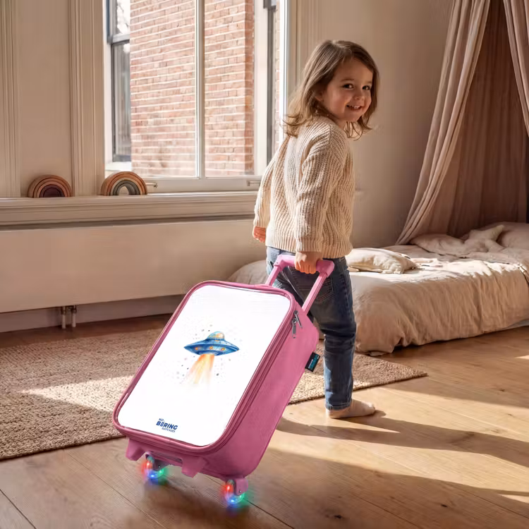 Children's suitcase - Pink - Blue spaceship with beam of light — 2