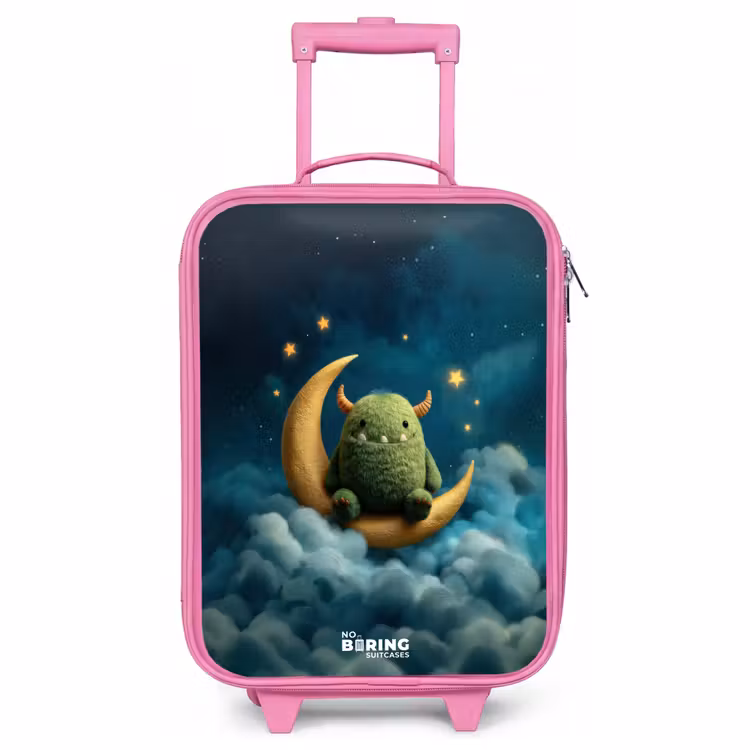 Children's suitcase - Pink - Green monster on crescent moon — 1