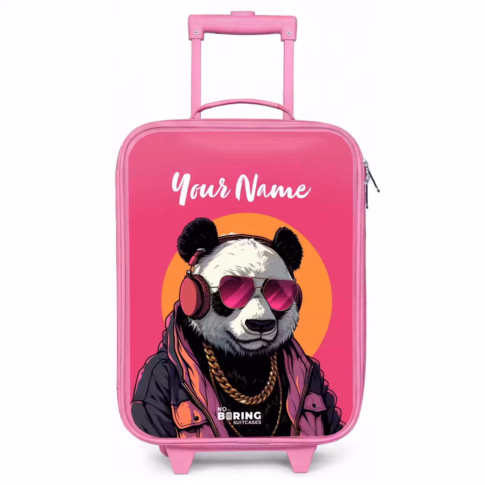 Children's suitcase with name - Pink - Panda with Headphones, Sunglasses and Gold Chain — 1