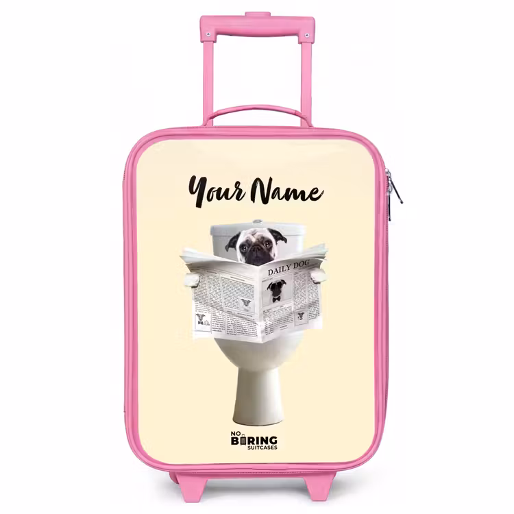 Children's suitcase with name - Pink - Doggie Reads the Newspaper — 1