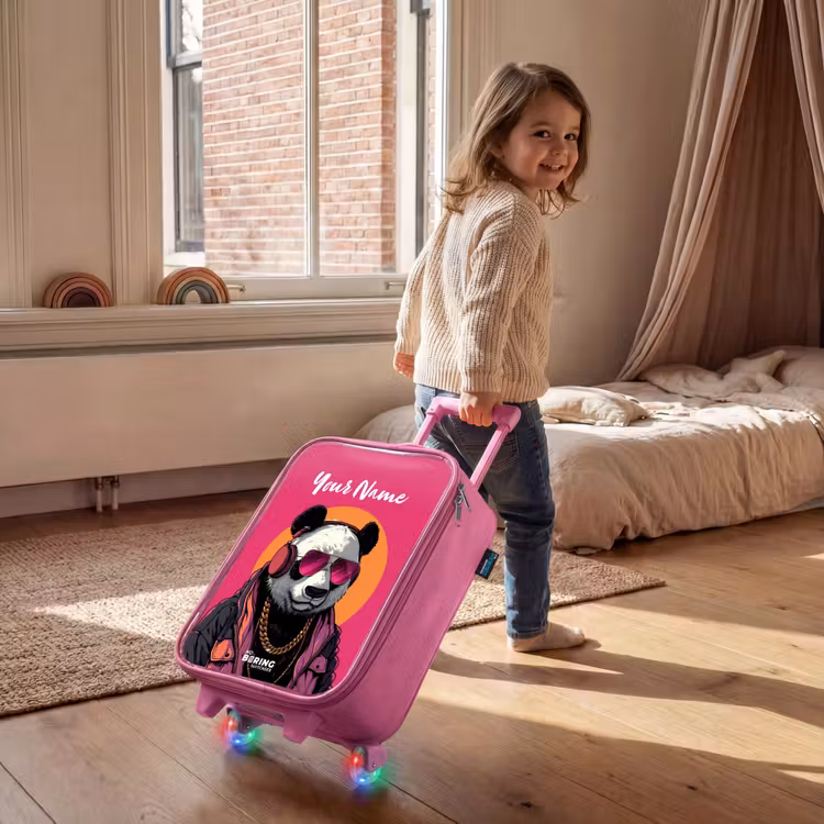 Children's suitcase with name - Pink - Panda with Headphones, Sunglasses and Gold Chain — 2