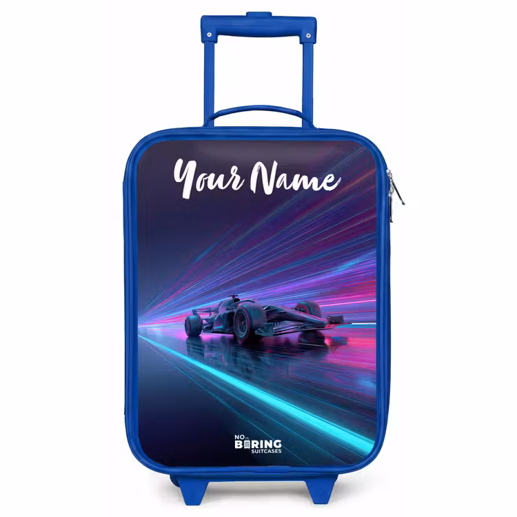 Children's suitcase with name - Blue - Light beams - Neon - Racing car - Purple — 1
