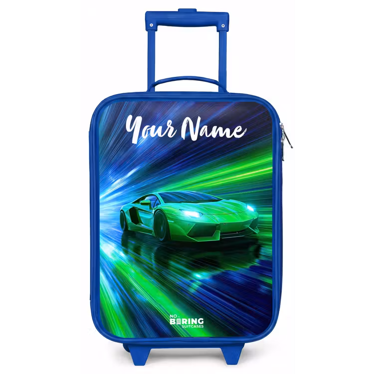 Children's suitcase with name - Blue - Sports car - Green - Speed Lines - Neon — 1