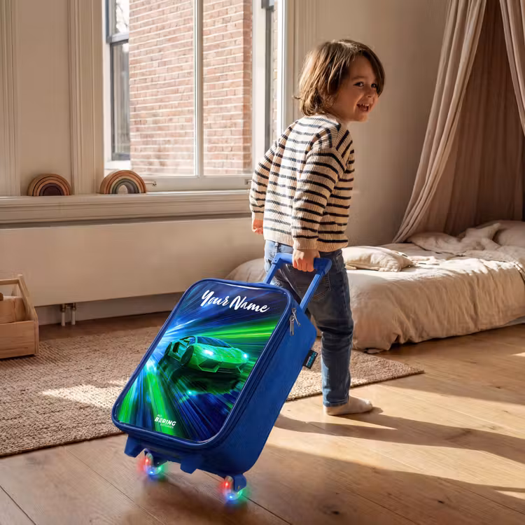 Children's suitcase with name - Blue - Sports car - Green - Speed Lines - Neon — 2