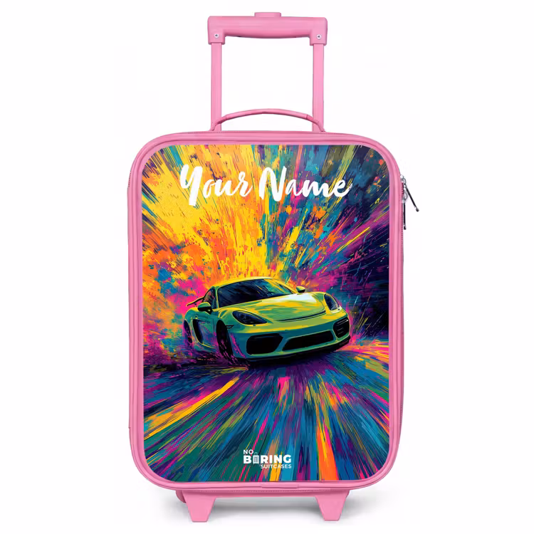 Children's suitcase with name - Pink - Sports car - Green - Paint stripes - Colors — 1