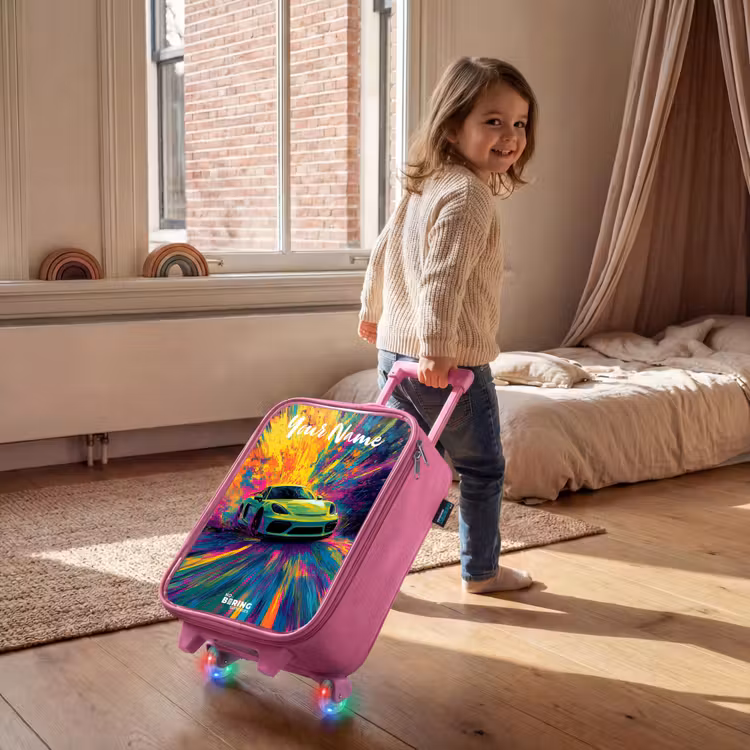 Children's suitcase with name - Pink - Sports car - Green - Paint stripes - Colors — 2