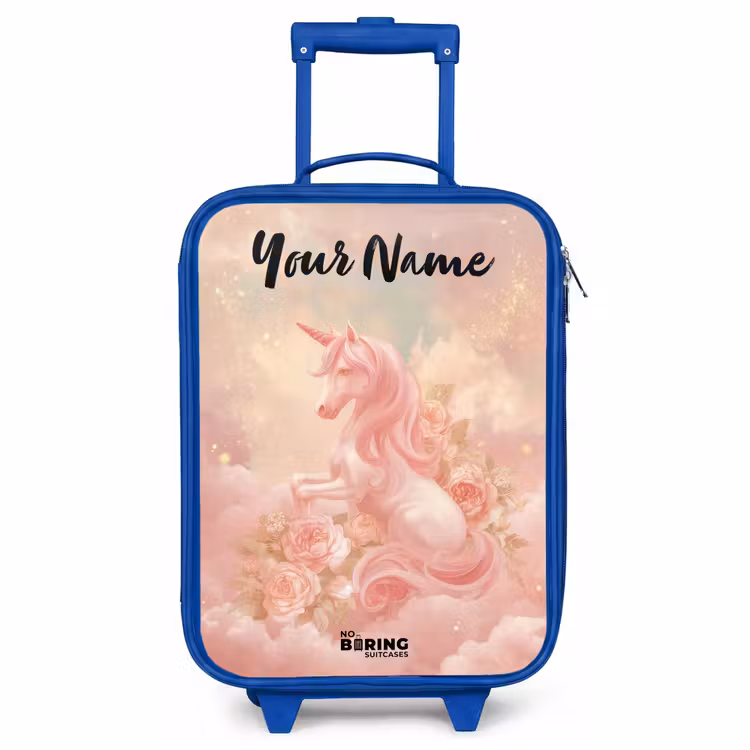 Children's suitcase with name - Blue - Unicorn - Clouds - Pink — 1
